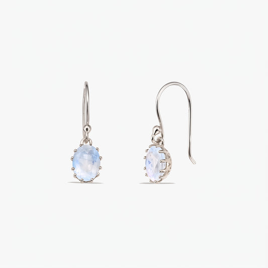 Pair of sterling silver drop earrings with oval faceted moonstones on French hooks, shown on a white background (front and side views).