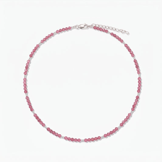 SummerScape silver necklace featuring a pink tourmaline beaded strand, lobster clasp, and extender chain, photographed on a white background.