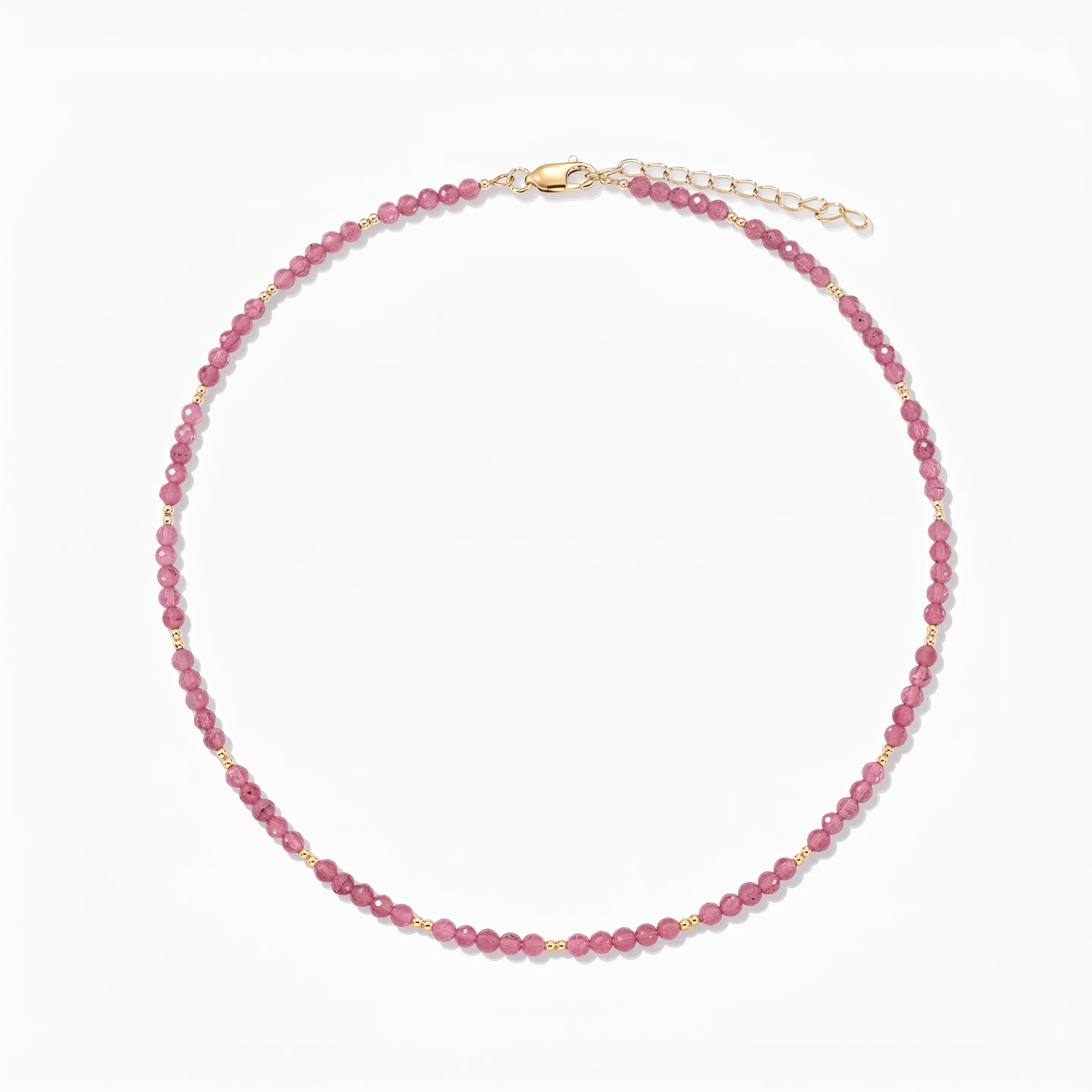 Silver Necklace Golden SummerScape - Tourmaline by Indira: a pink tourmaline beaded necklace with small gold accents and a lobster clasp with extender, on a white background.