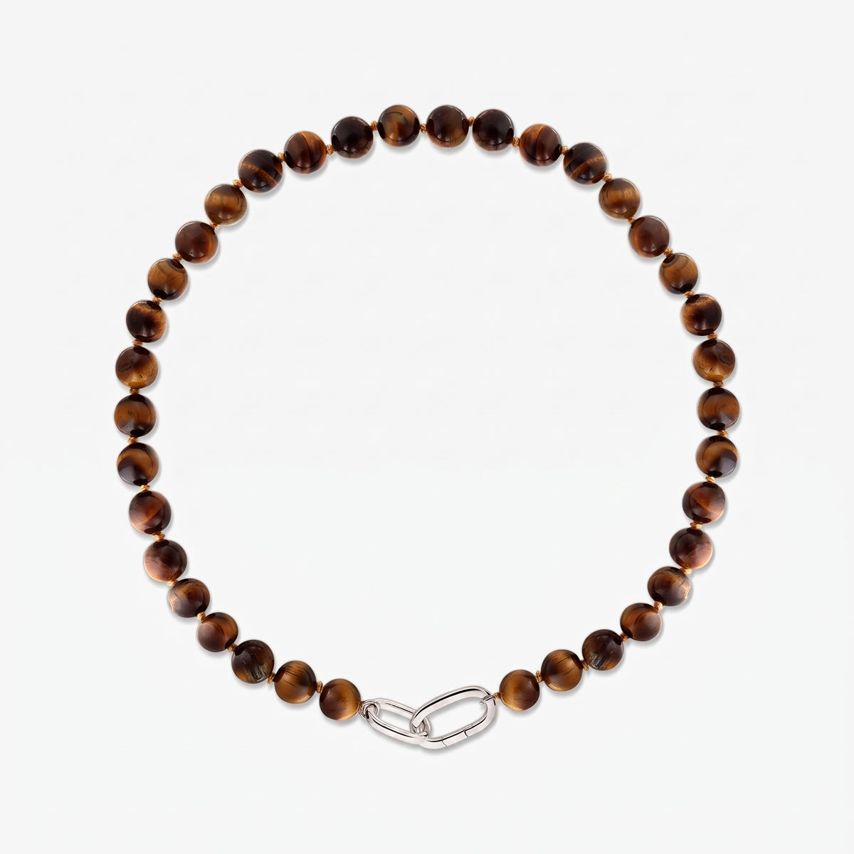 Mareille sterling silver necklace with round tiger's eye beads and an oval link clasp on a white background.