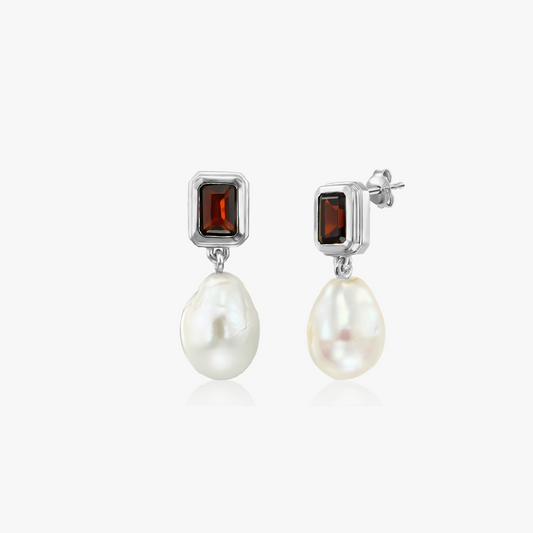 Gold Antique silver earrings - Garnet Natural Pearls
